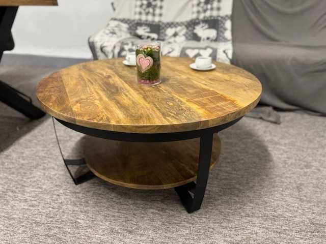 Piekny duży okrągły stolik do salonu drzewo mango styl LOFT Nowy F-Vat