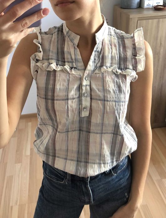 Koszula bez rękawów ze stójką, w kratkę, z falbankami, Atmosphere