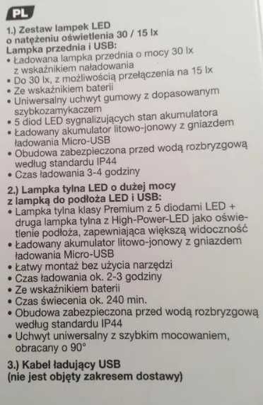 Oświetlenie rowerowe Fisher LED/USB 30 LUX