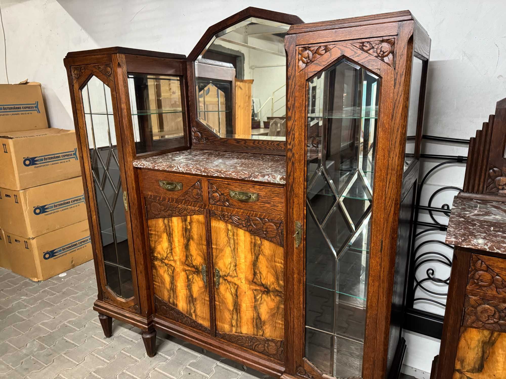 Zestaw mebli do jadalni Art Deco kredens stół komoda orzech marmur