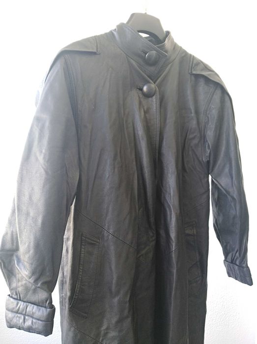 Casaco comprido vintage em couro genuíno