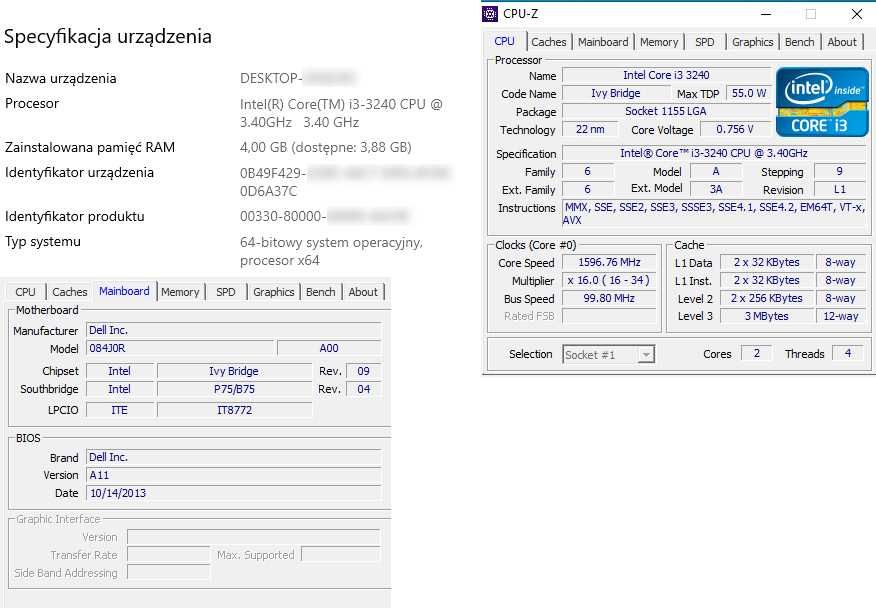 DELL Vostro - Płyta gówna, CPU i3-3240, RAM 4GB, WiFi, HDD