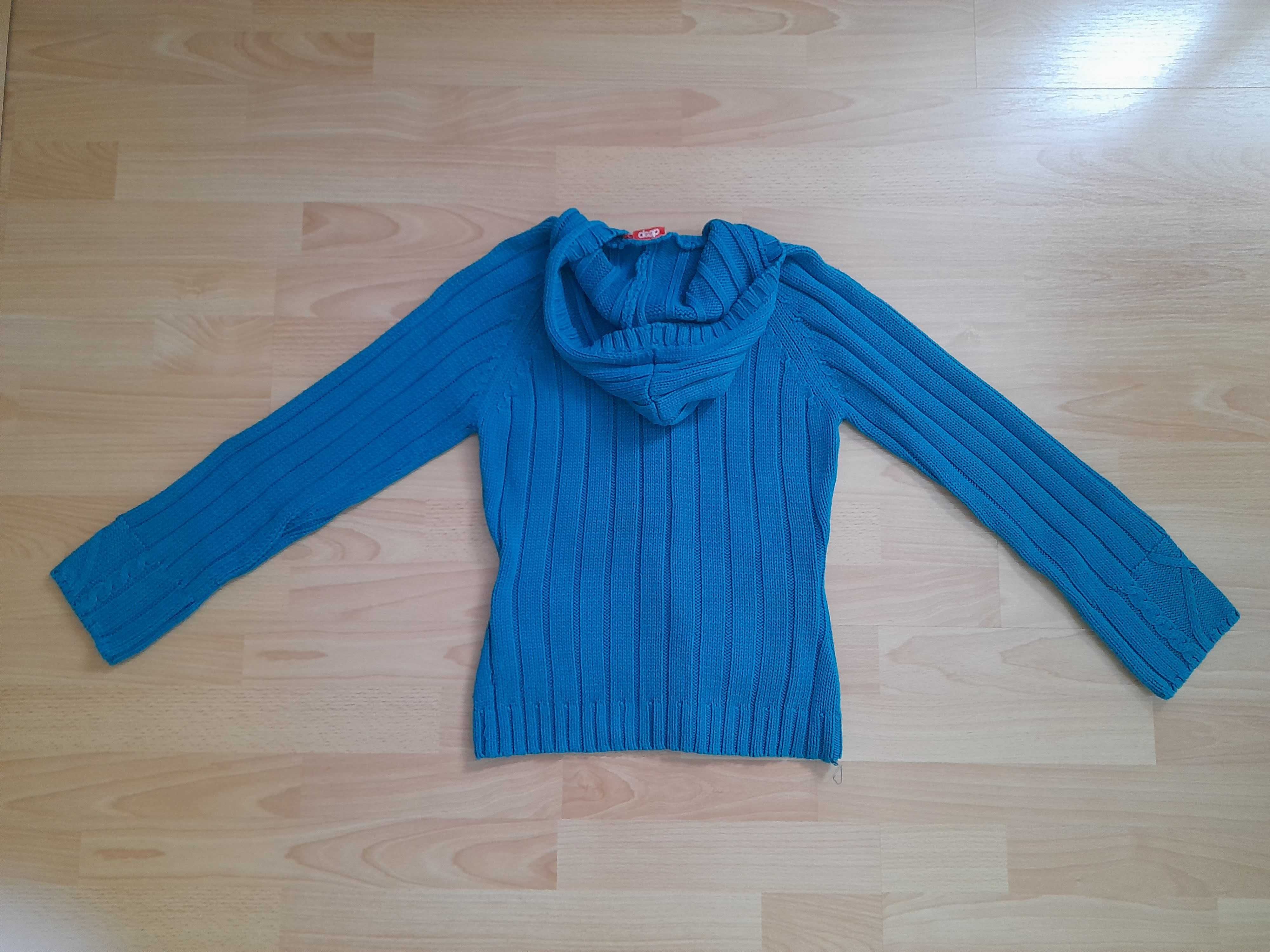 Gruby ciepły damski sweter kaptur Deep r.S M pachy 43cm x 2 turkus