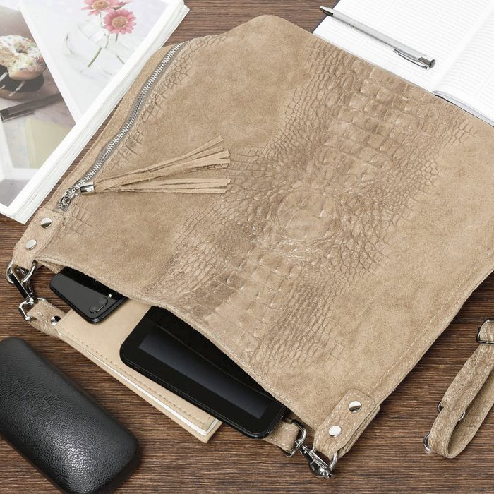 VERA PELLE torebka zamszowa worek kroko z paskiem V476 c.fioletowa