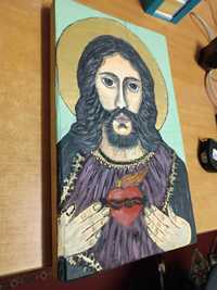 Ikona Jezus malowana na drewnie wym: 37/21 cm