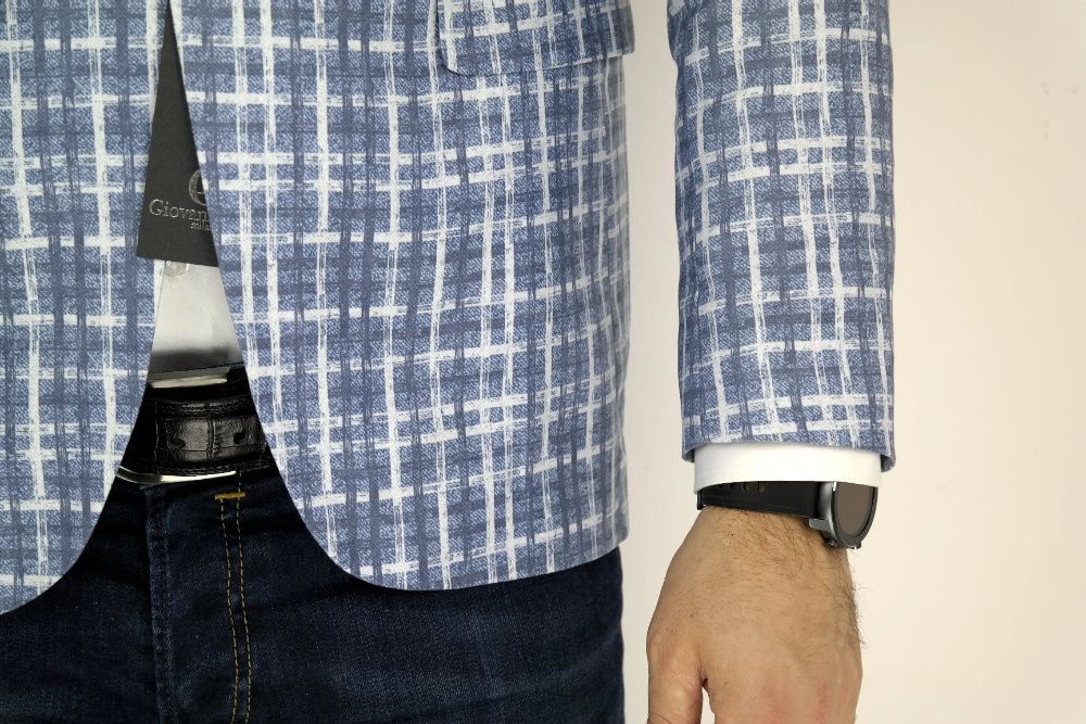 GIOVANNI PERA Marynarka męska krata dżins aksamit niebieska 54 L/XL