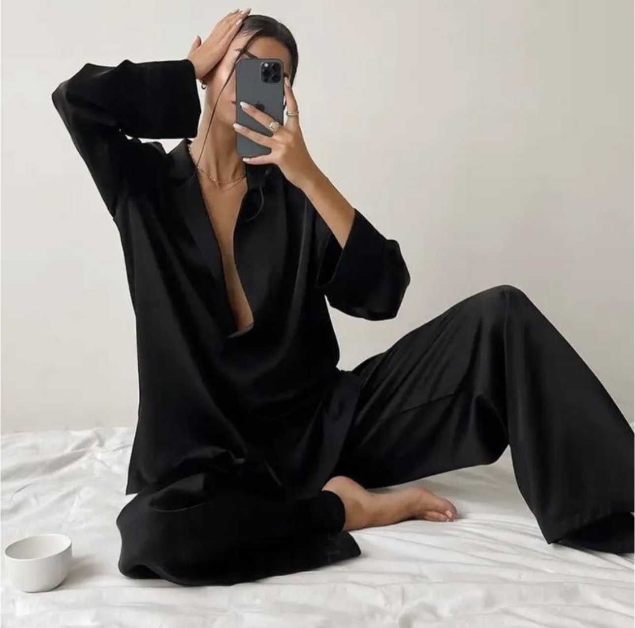 Прогулочный костюм черный, шелковый костюм, домашний костюм Zara