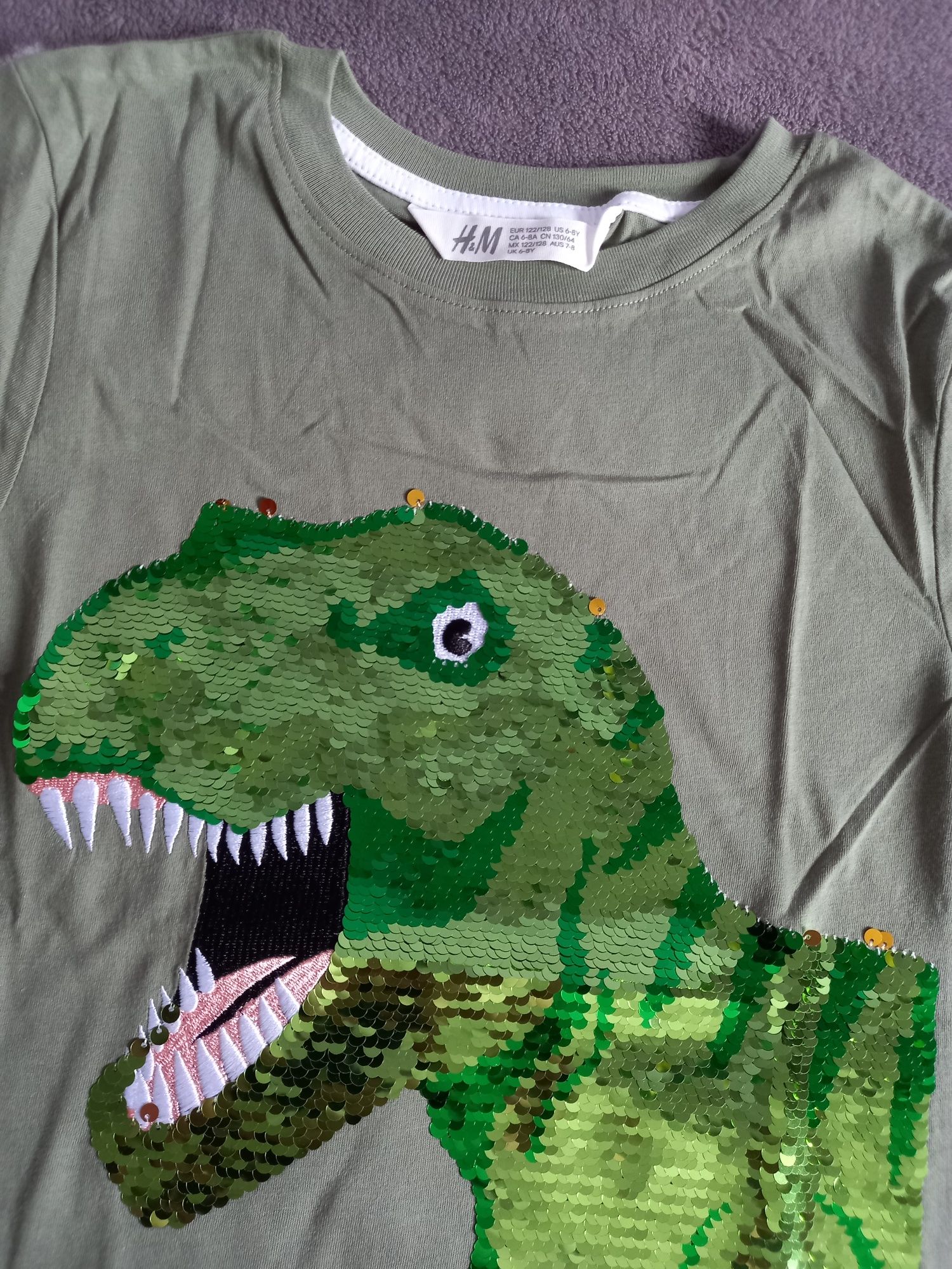 NOWA koszulka tshirt hm h&m 122 128 dinozaur dinozaury cekiny trex