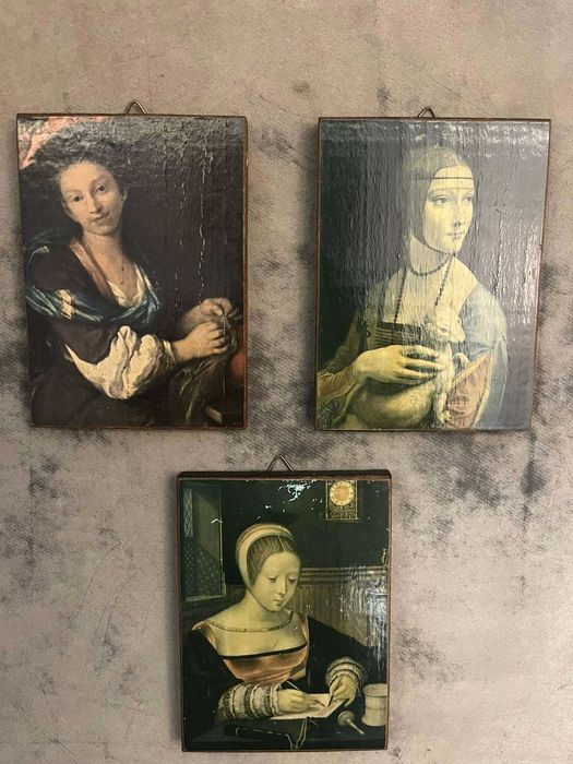 Obrazy Dama z Łasiczką Maria Magdalena 3 szt reprodukcje Drewno