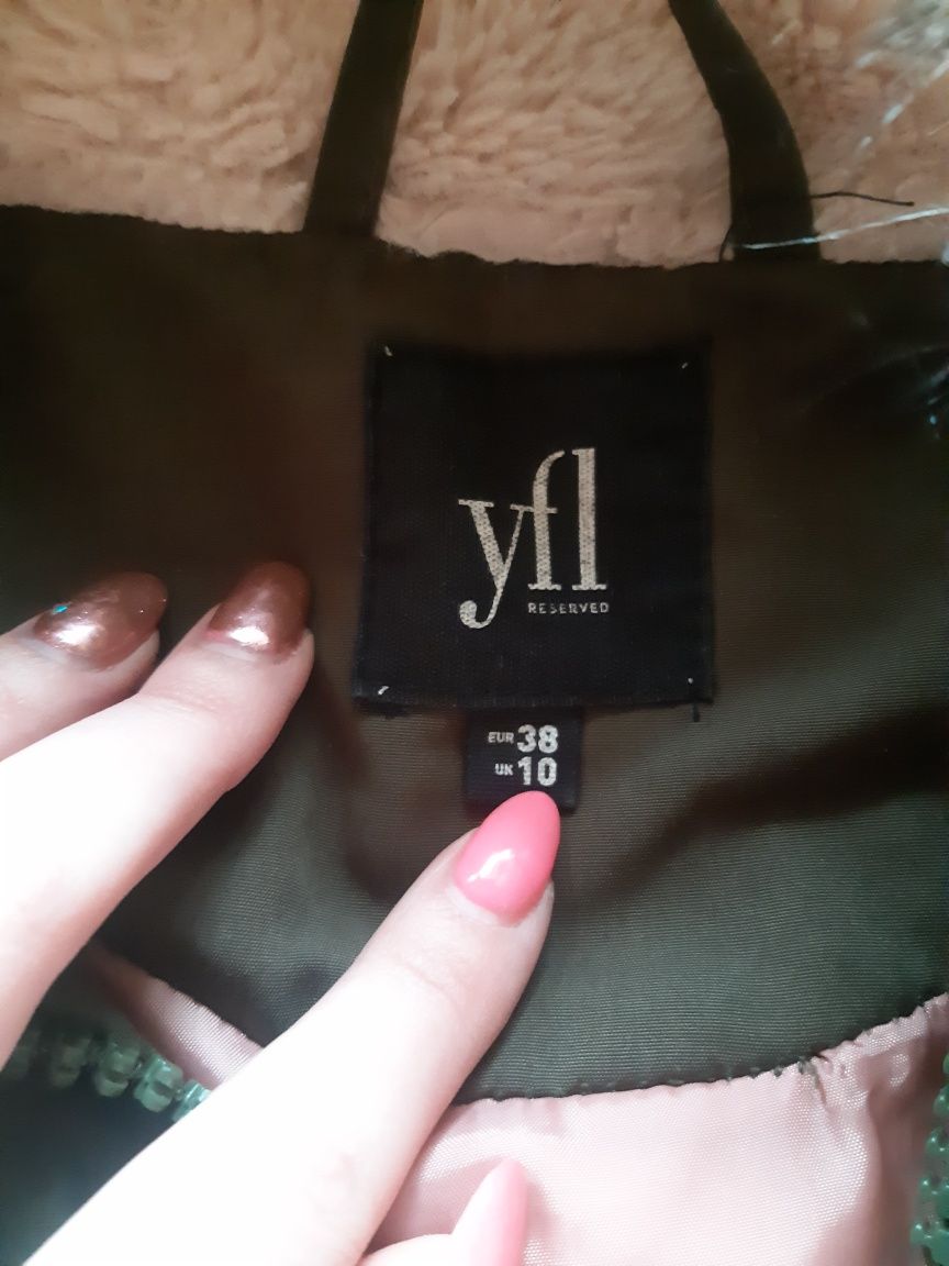 Zielona khaki zimowa damska kurtka parka z różowym misiem kaptur 38 M