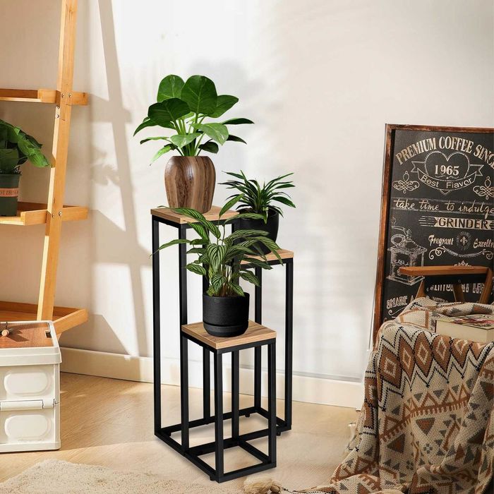 NOWY Kwietnik Metalowy Loft Stojak Na Kwiaty Czarny Drewniany OKAZJA