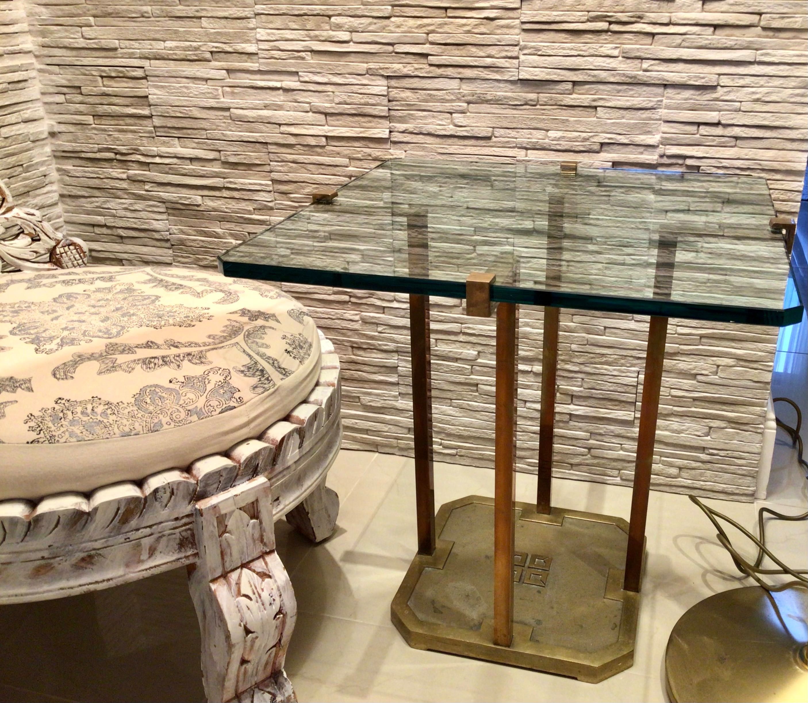 Designerski stolik kawowy mosiądz złoty szkło Włochy