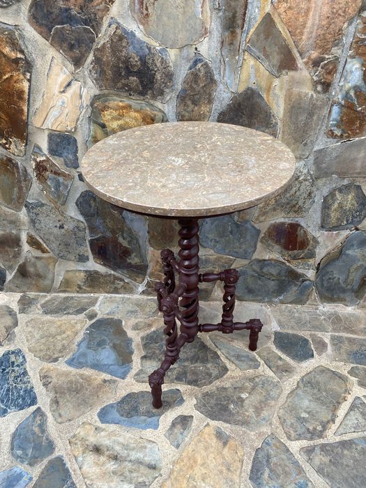 Mesa Pé de Galo Madeira entalhada Mármore Antiga 59 cm
