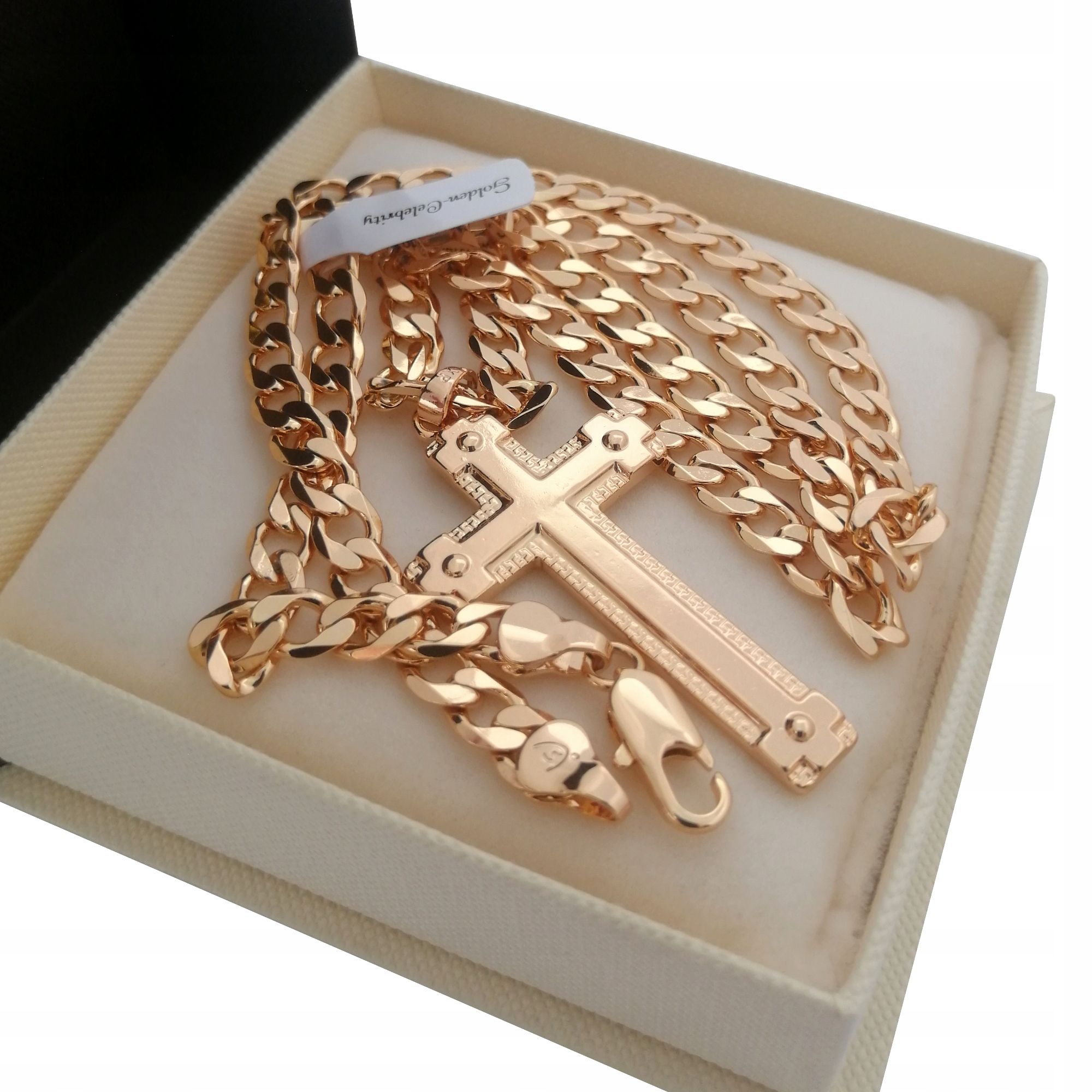 Złoty Łańcuszek Pancerka+krzyż 50cm 18k