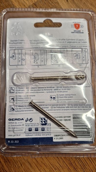 Wkładka, zamek do drzwi Gerda podwójne góra i dół