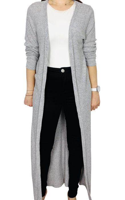 Długi cienki kardigan szary melanż L 40 New Look