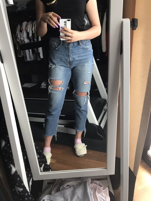 Jeansy mom wysoki stan rozdarcia h&m dziury high straight waisted r 40