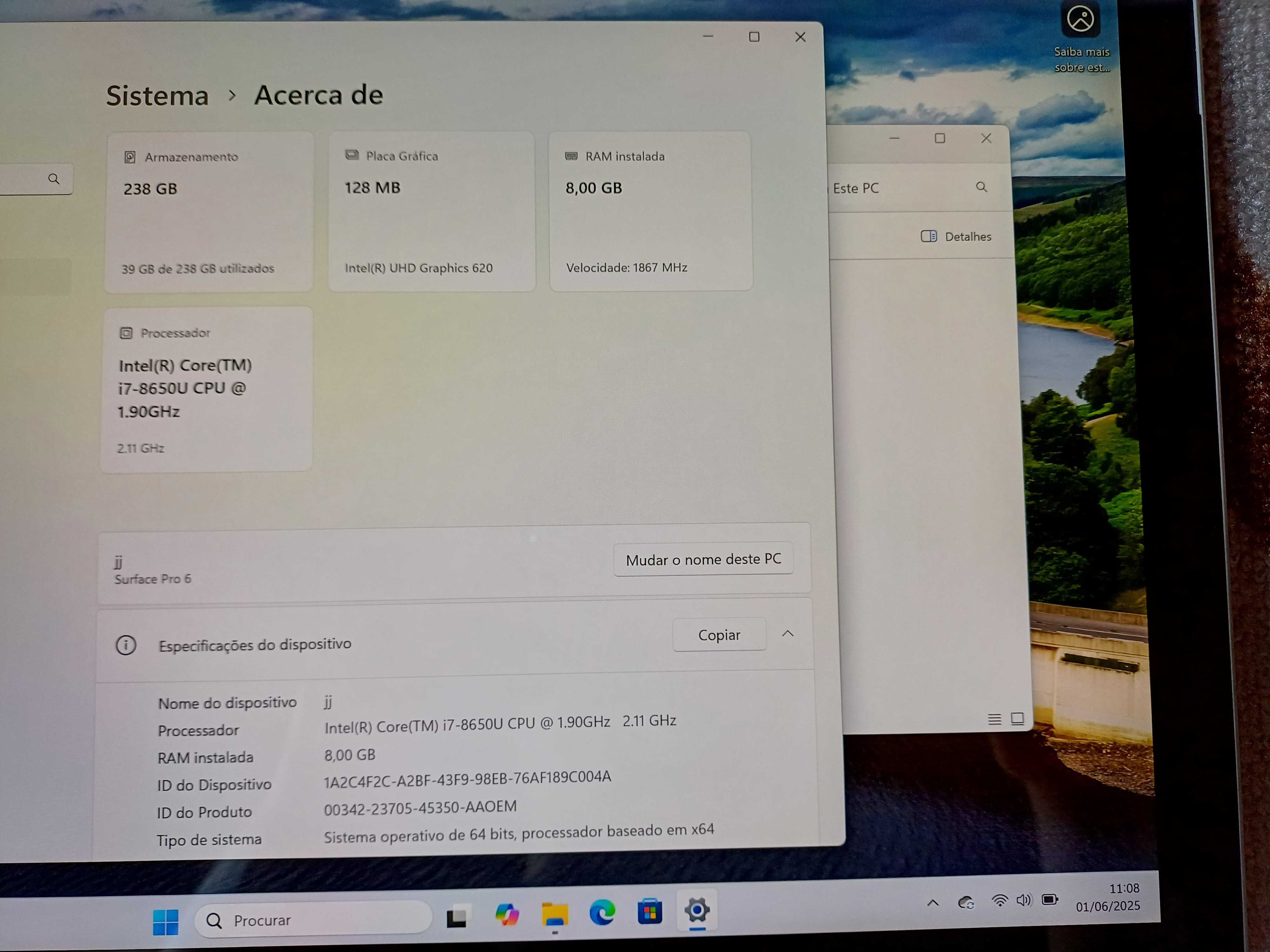 Surface Pro 6 (i7, 8GB RAM) sem teclado em óptimo estado + acessórios