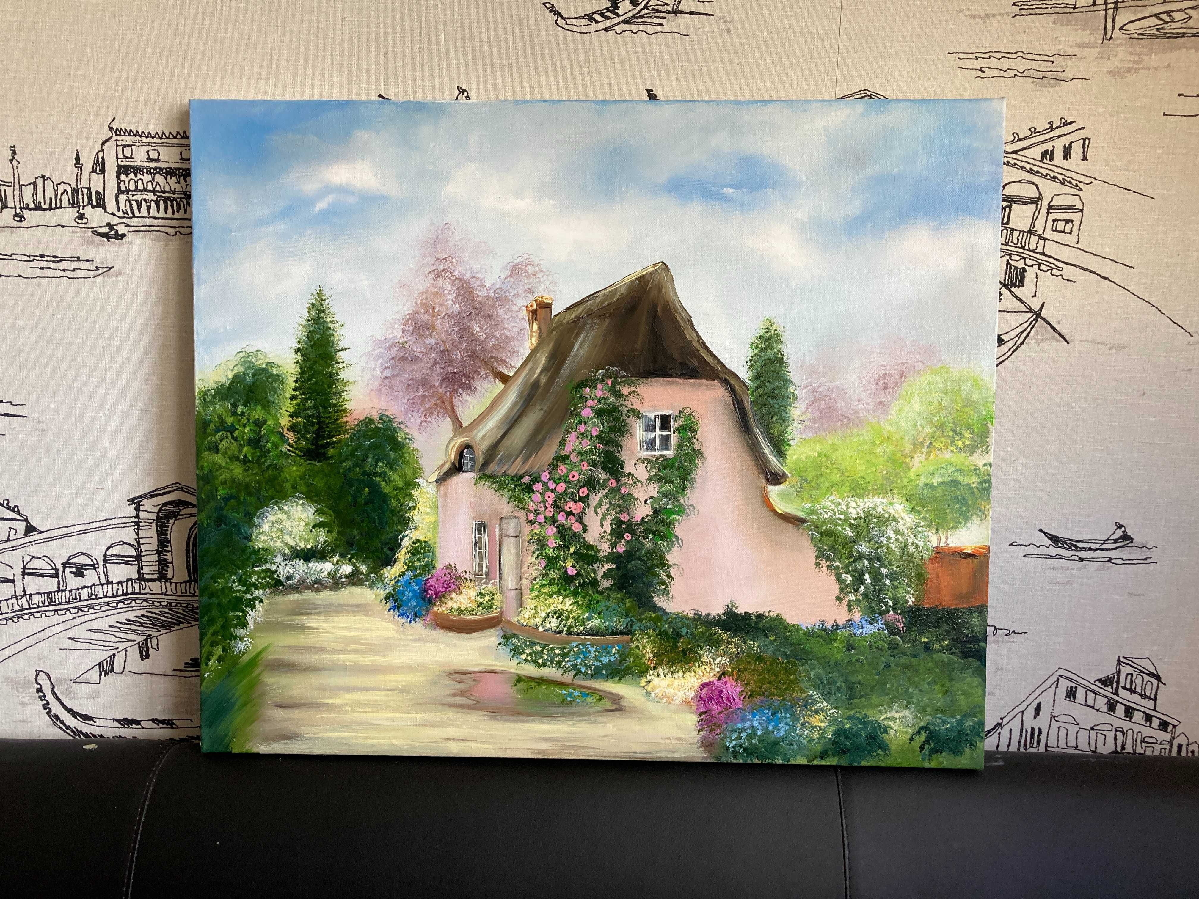 Картина олійними фарбами (маслом) Будиночок у лісі 50х60 см