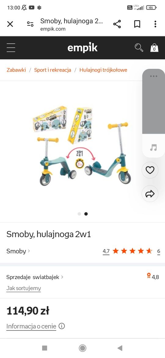 Smoby hulajnoga jeździk 2w1