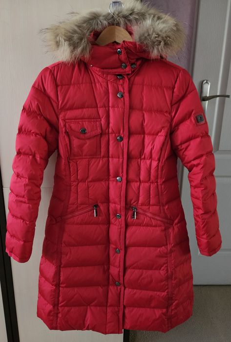 Czerwona kurtka puchowa Tiffi XS futerko jenot płaszcz puchowy