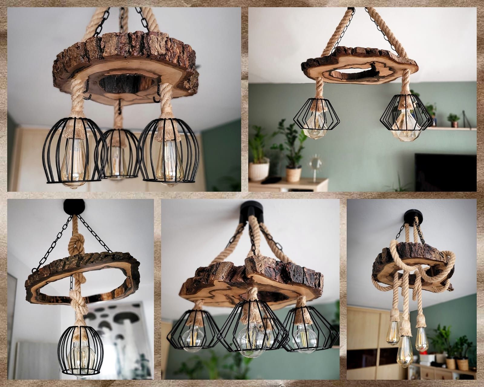 Lampa wisząca z drzewa orzechowego sznur jutowy Loft Handmade