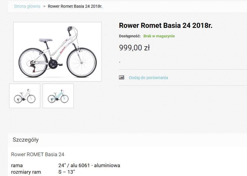 Rower damski/dziecięcy Romet BASIA 24'' ALU, PRAWIE NOWY