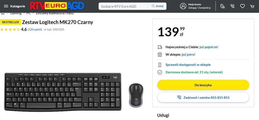 Klawiatura i mysz bezprzewodowa Logitech czarna MK270