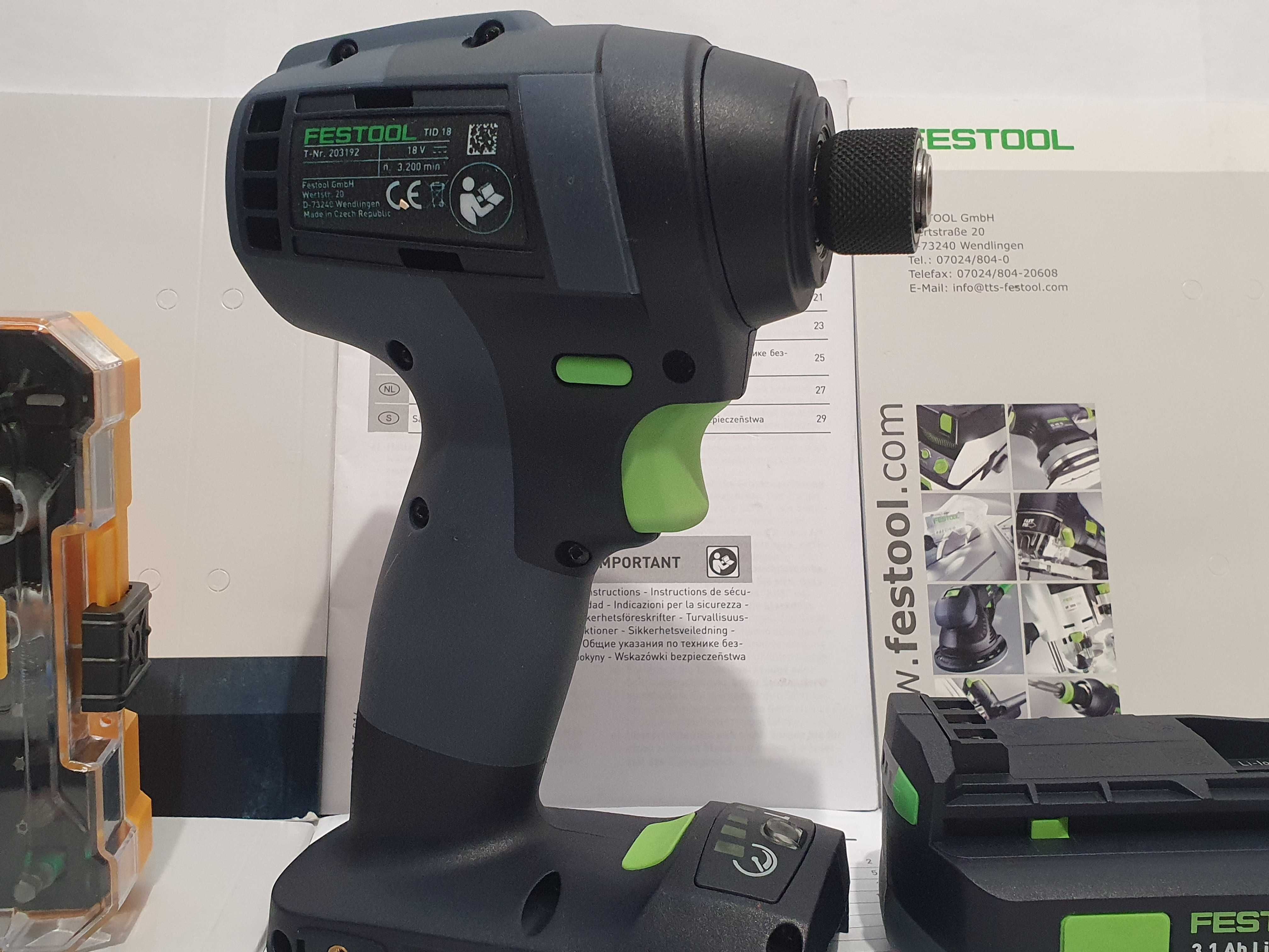 Super zestaw FESTOOL TID 18 zakrętarka udar +aku 18v 3,1Ah bity DEWALT