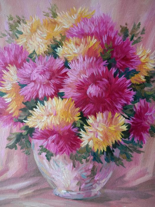 "Астры в хрустальной вазе",картина маслом