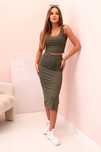 Komplet Damski Khaki Top + Spódnica Midi Prążkowana S M L