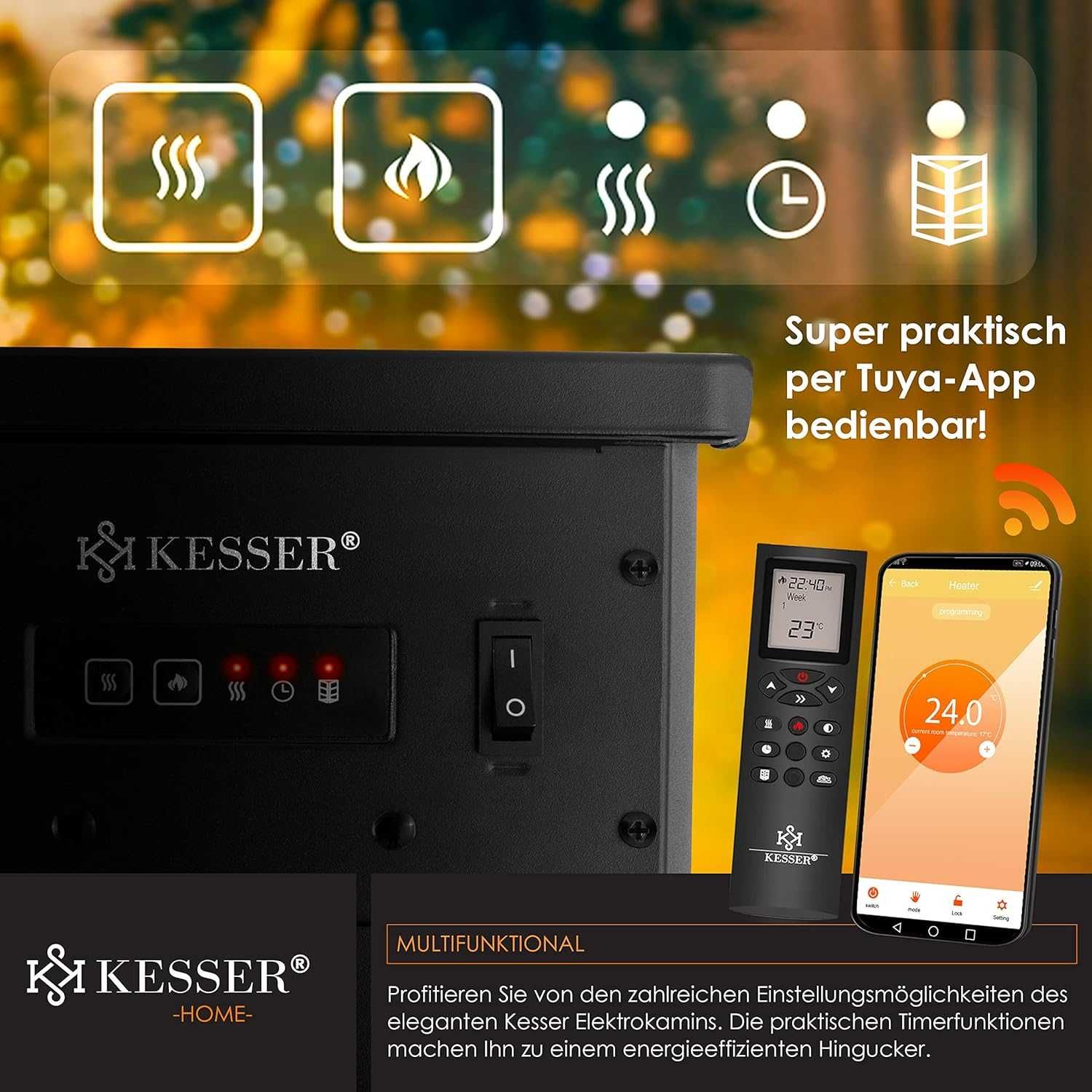 Kominek elektryczny Kesser Stojący z funkcją grzania 1900W Czarny Wifi
