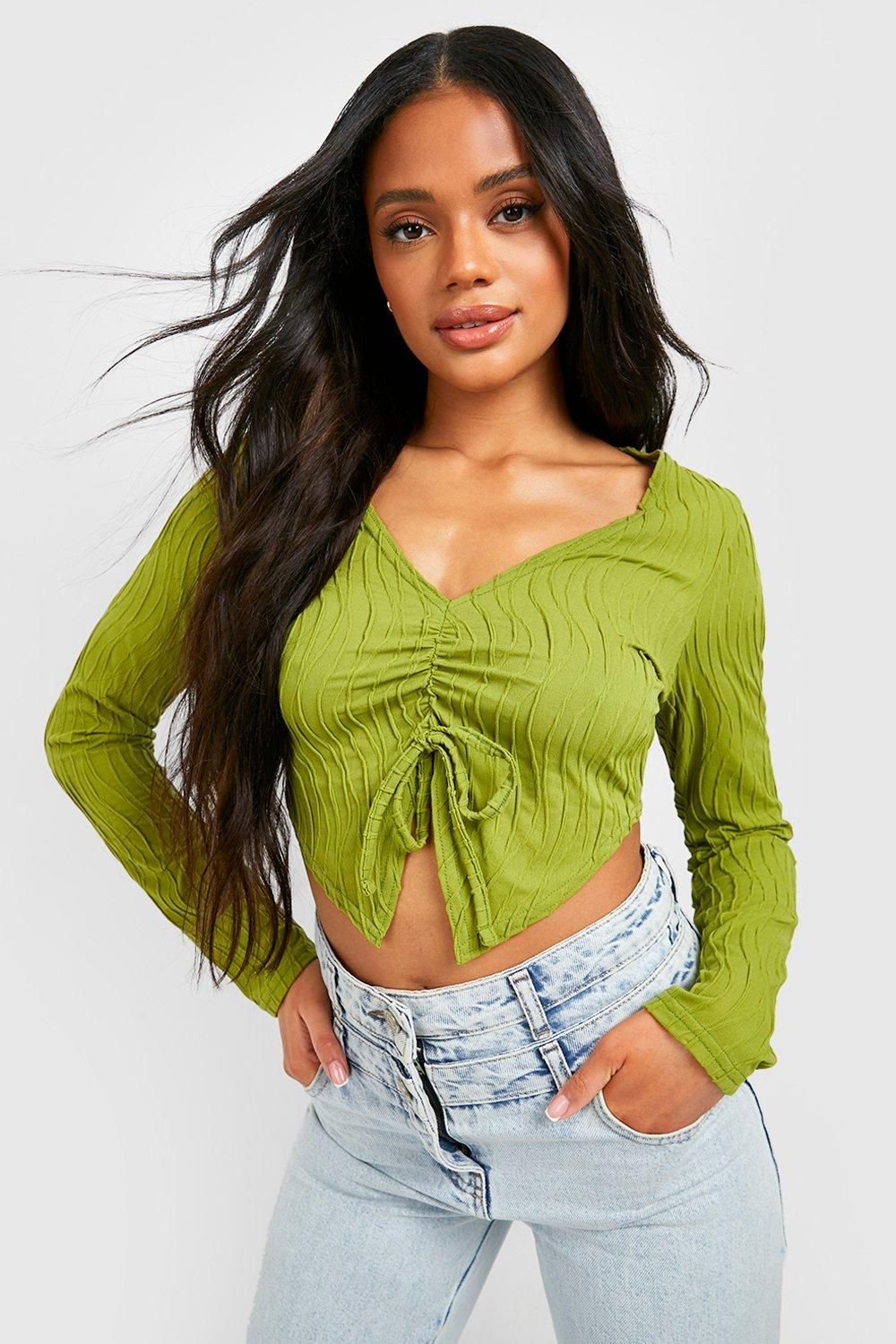 Top Crop Teksturowany Oliwkowy Marszczony Casual Boohoo L 40