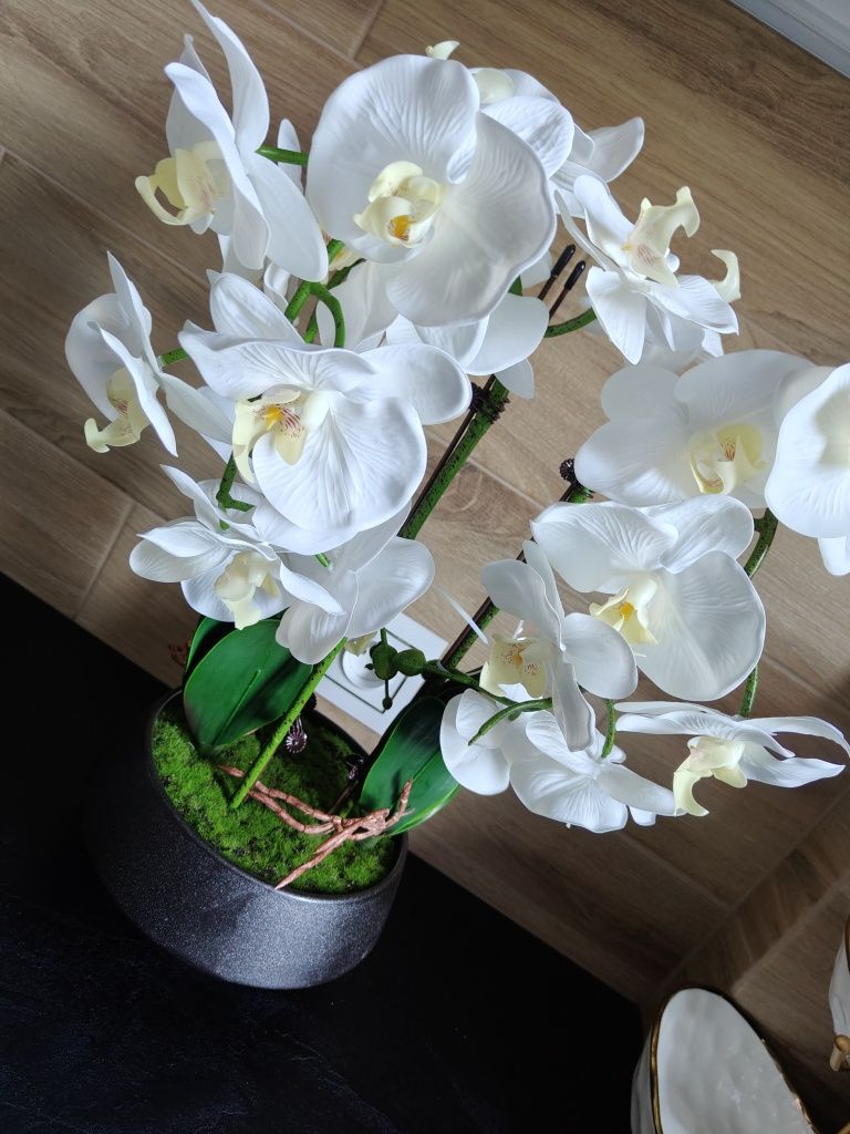 Duży przepiękny biały sztuczny storczyk orchidea w czarnej doniczce