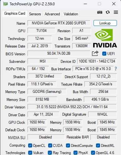 MSI Geforce RTX 2080 Super Gaming X Trio 8GB GDDR6
