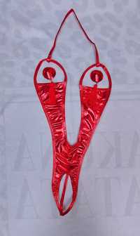 czerwona bielizna erotyczna ala latex + nasutniki frędzle cekiny