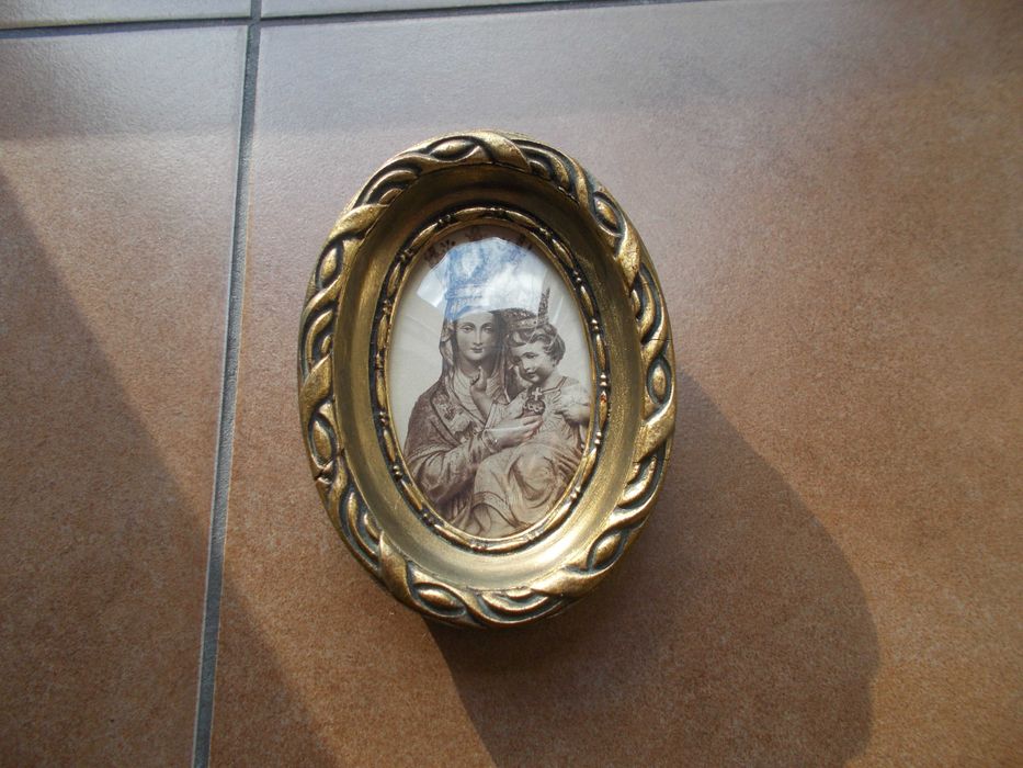 Zabytkowa ramka owalna złocona wypukła szybka, stary obrazek religijny