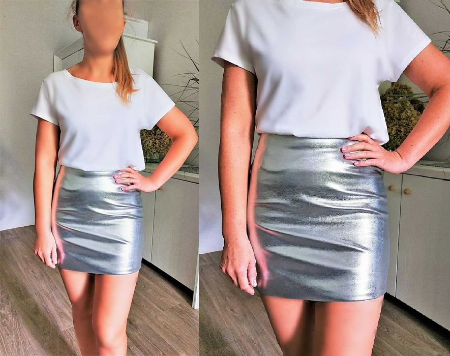Spódniczka mini z ekoskóry srebrna H&M r.M 38