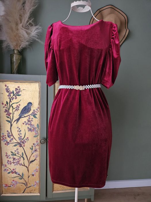 Luksusowa Sukienka damska XS/ S  Czerwone Wino Welur Krótki Rękaw
