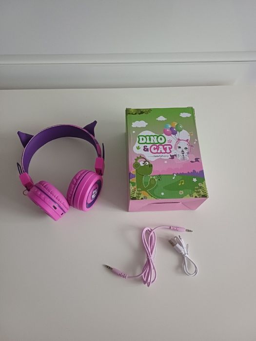 Różowe słuchawki dziecięce Dino & Cat z uszkami kota Jack 3.5mm