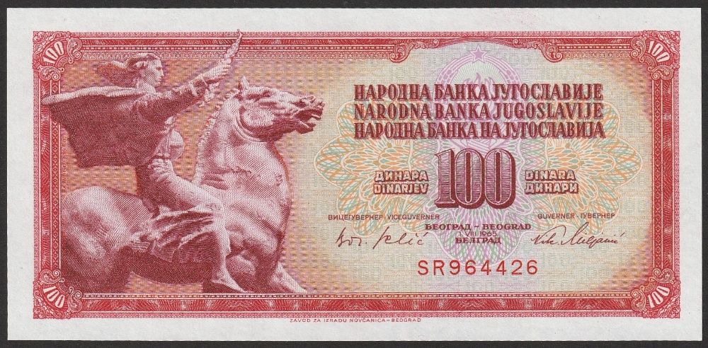 banknot Jugosławia 100 dinarów 1965 - stan bankowy UNC