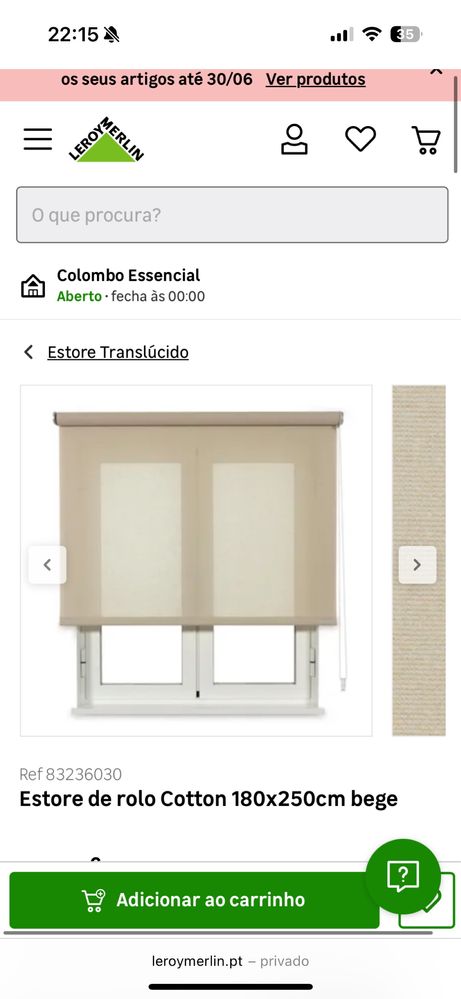Estore em rolo bege claro translucido 180cm