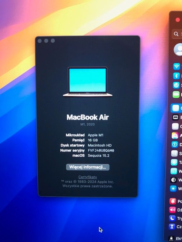 Macbook Air 13,3 m1 16gb 256gb ,Gwarancja do 27.09.2025r