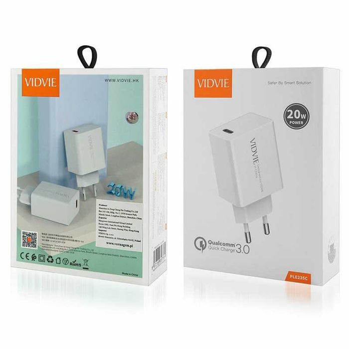 Szybka uniwersalna ładowarka sieciowa VIDVIE USB-C 20W