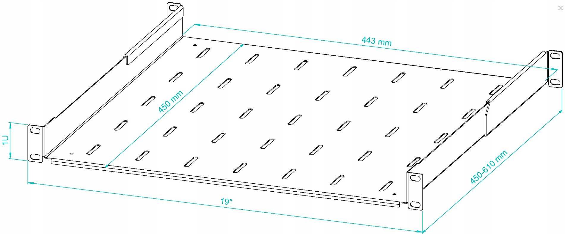 Półka RACK 19" 1U 450mm Regulowana 450-610 mm do Szaf RACK Stalflex