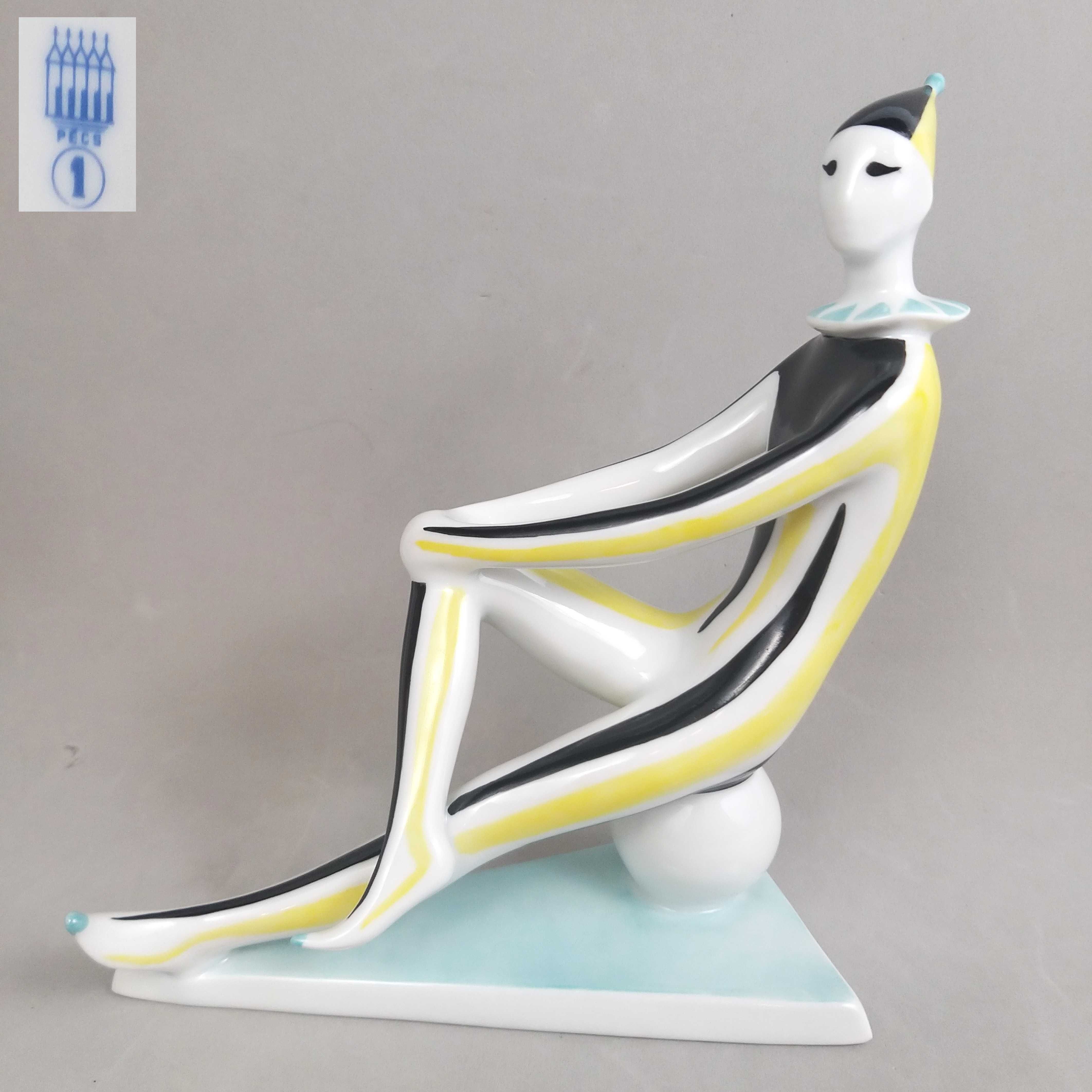 Arlekin Klaun na piłce Art Deco Zsolnay Török János Węgry lata 60te
