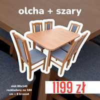Nowe: Stół 80x140/180 + 6 krzeseł, olcha + szary, dostawa PL