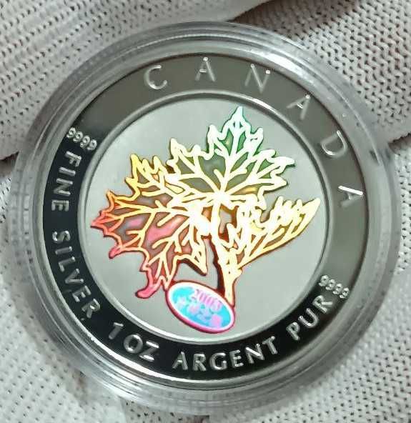 Срібна монета 5 Доларів, "Кленовий лист", 2003 року, 31.1 гр (1oz)