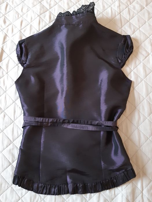 Ciemnofioletowa, elegancka bluzka, koronka, wiązana, M