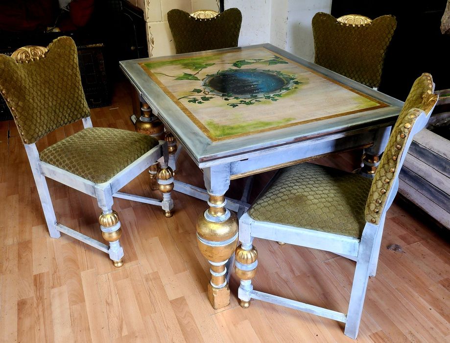 Stół rozkładany komplet krzesła ręcznie malowany unikat